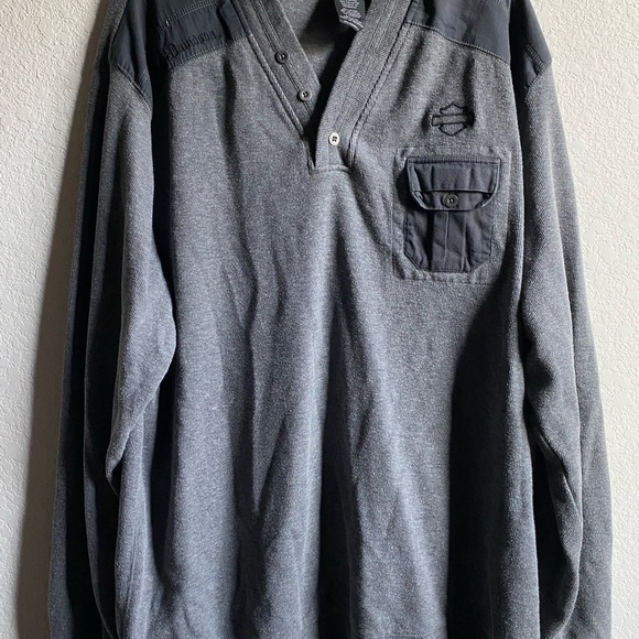 Harley Davidson Gray and Black Henley Long Sleeve 3 Button Pullover Sweater 2XL - Picture 5 of 16
